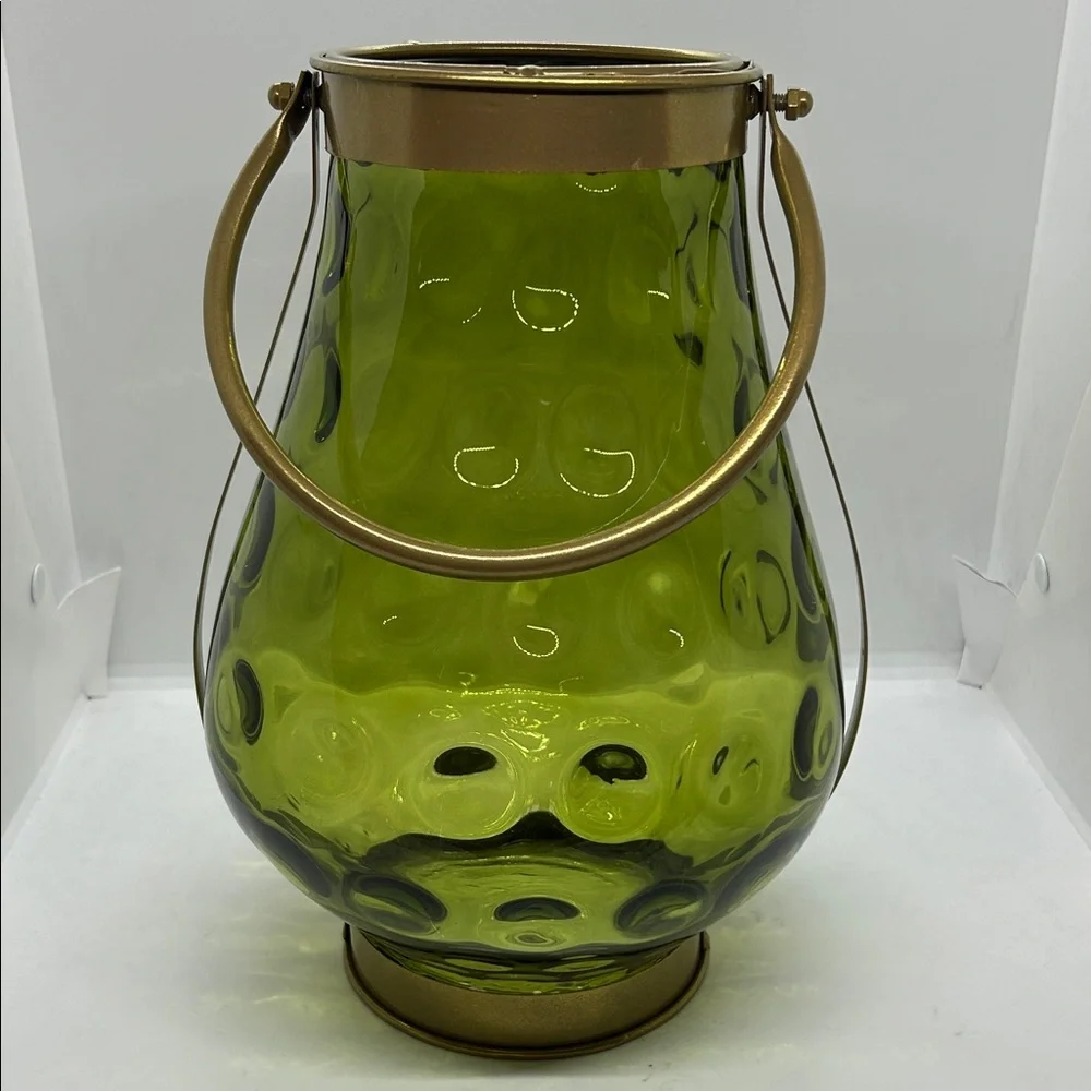 Green Glass With Gold Metal Handle Candle Holder 11” Decor
